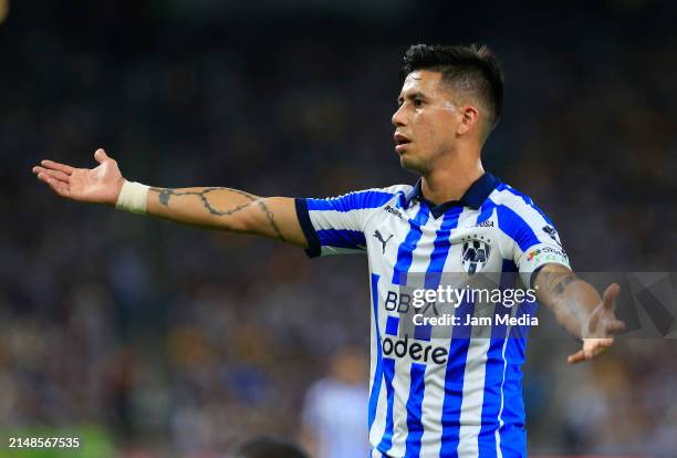 Maximiliano Meza of Monterrey gestures during the 15th round match between Monterrey and Tigres UANL as part of the Torneo Clausura 2024 Liga MX at...