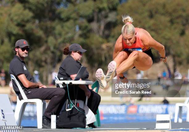 Women's Long Jump Final winner Brooke Buschkuehl of Victoria during the 2024 Australian Athletics Championships at SA Athletics Stadium on April 14,...