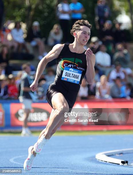 Sebastian Sultana winning his Mens 200m Heat during the 2024 Australian Athletics Championships at SA Athletics Stadium on April 14, 2024 in...