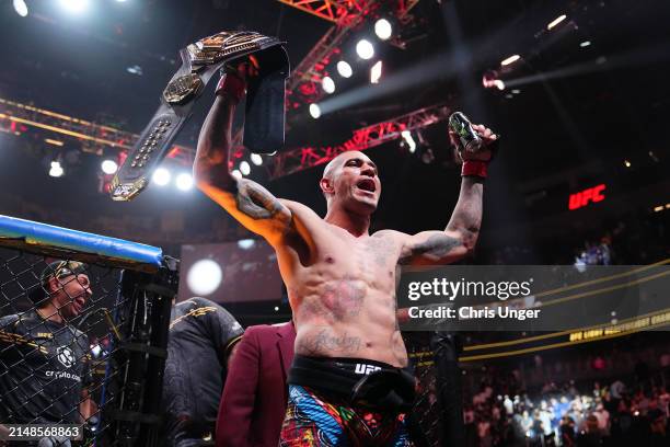 Alex Pereira of Brazil exits the Octagon in the UFC light heavyweight championship fight during the UFC 300 event at T-Mobile Arena on April 13, 2024...