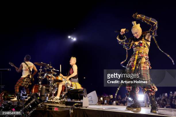 Adrian Young and Gwen Stefani of No Doubt perform at the Coachella Stage during the 2024 Coachella Valley Music and Arts Festival at Empire Polo Club...