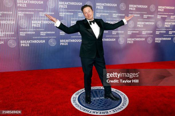 Elon Musk attends the 2024 Breakthrough Prize Ceremony at Academy Museum of Motion Pictures on April 13, 2024 in Los Angeles, California.