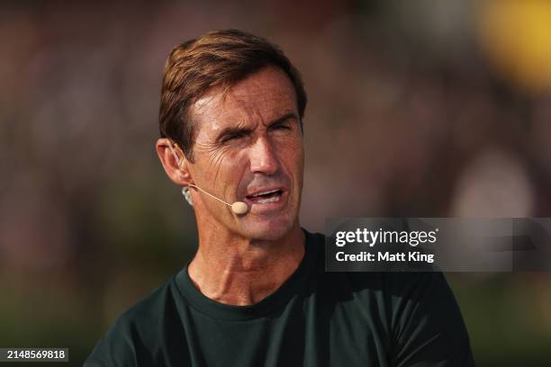 Commentator Andrew Johns looks on during the round six NRL match between Wests Tigers and St George Illawarra Dragons at Campbelltown Stadium, on...