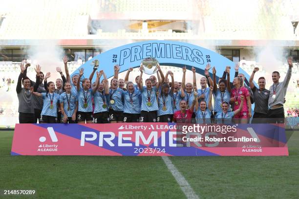 The Melbourne City W-League team celebrate after being presented with the Premiers Plate during the A-League Men round 24 match between Melbourne...