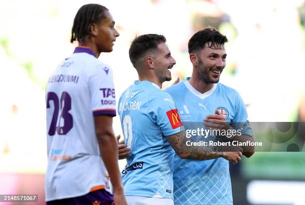 Jamie Maclaren of Melbourne City celebrates after scoring a goal during the A-League Men round 24 match between Melbourne City and Perth Glory at...