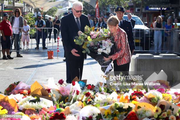 Governor of NSW Margaret Beazley lays a floral tribute at Oxford Street Mall alongside Westfield Bondi Junction on April 14, 2024 in Bondi Junction,...