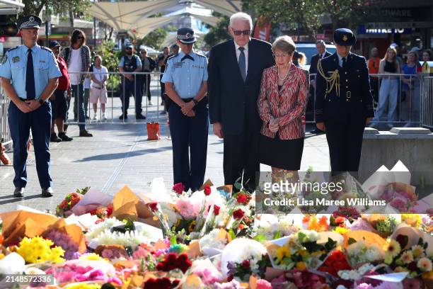 Governor of NSW Margaret Beazley lays a floral tribute at Oxford Street Mall alongside Westfield Bondi Junction on April 14, 2024 in Bondi Junction,...
