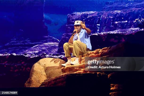 Tyler, the Creator performs at the Coachella Stage during the 2024 Coachella Valley Music and Arts Festival at Empire Polo Club on April 13, 2024 in...