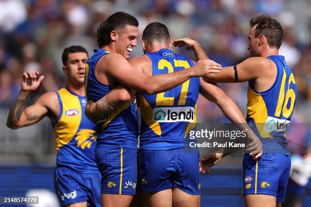 Jake Waterman and Jack Darling of the Eagles celebrate a goal during the round five AFL match between West Coast Eagles and Richmond Tigers at Optus...