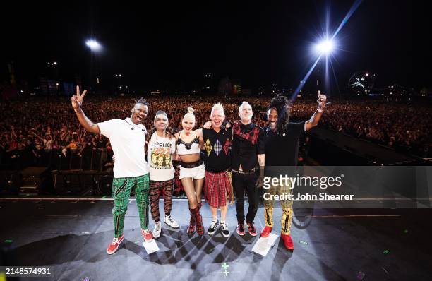 Gabrial McNair, Tony Kanal, Gwen Stefani, Adrian Young, Tom Dumont and Stephen Bradley of No Doubt pose on the Coachella Stage during the 2024...