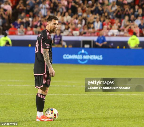 Inter Miami forward Lionel Messi during an MLS match between Inter Miami CF and Sporting Kansas City on Apr 13, 2024 at GEHA Field at Arrowhead...