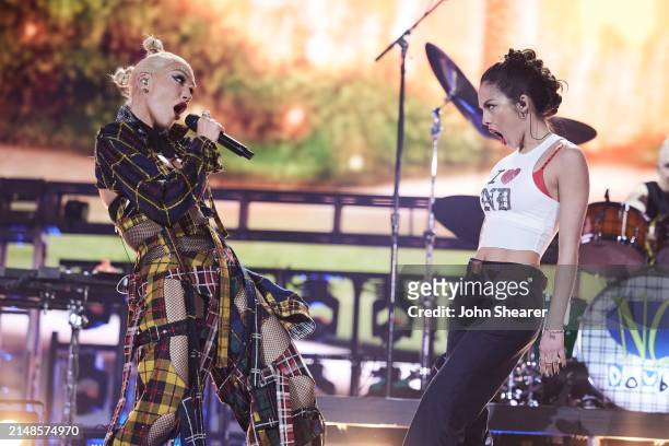 Gwen Stefani of No Doubt and Olivia Rodrigo perform at the Coachella Stage during the 2024 Coachella Valley Music and Arts Festival at Empire Polo...