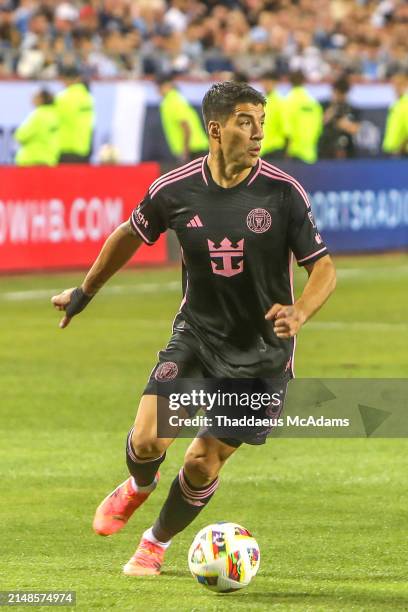 Inter Miami forward Luis Suárez scores a goal in the second half of an MLS match between Inter Miami CF and Sporting Kansas City on Apr 13, 2024 at...