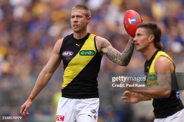 Nathan Broad of the Tigers looks on after taking the ball across the line during the round five AFL match between West Coast Eagles and Richmond...