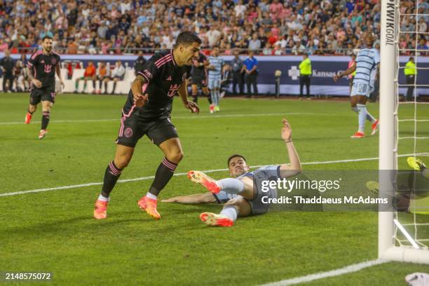 Inter Miami forward Luis Suárez scores a goal in the second half of an MLS match between Inter Miami CF and Sporting Kansas City on Apr 13, 2024 at...