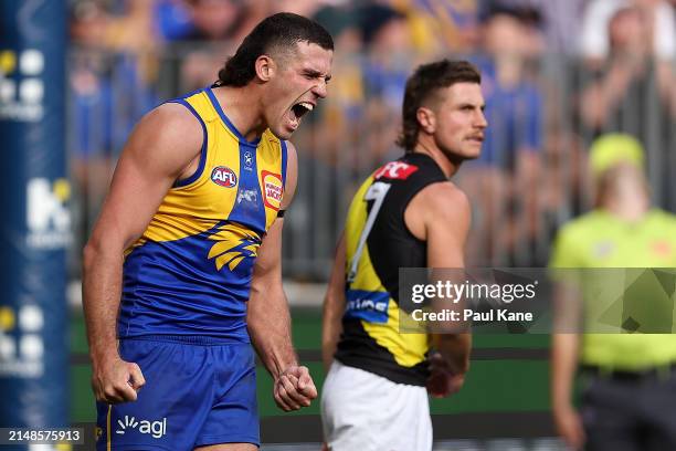 Jake Waterman of the Eagles celebrates a goal during the round five AFL match between West Coast Eagles and Richmond Tigers at Optus Stadium, on...