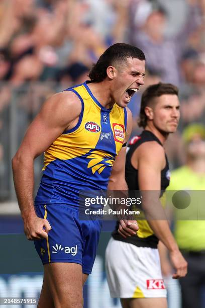 Jake Waterman of the Eagles celebrates a goal during the round five AFL match between West Coast Eagles and Richmond Tigers at Optus Stadium, on...