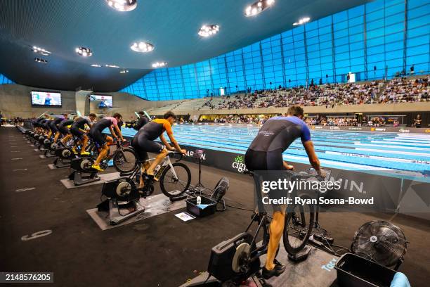 Athletes on the bike in Men's Final at SuperTri E London, the E World Triathlon Championships April 13, 2024 at London Aquatics, Queen Elizabeth...