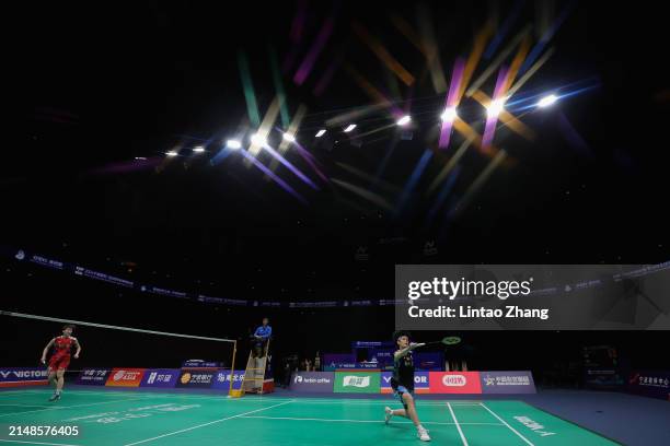 Wang Zhiyi of China competes in the women's Singles final match against Chen Yufei of China during day six of the 2024 BAC Badminton Asia...