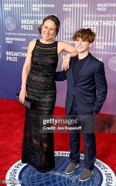 Anne Wojcicki and a guest attend the 10th Breakthrough Prize Ceremony at the Academy of Motion Picture Arts and Sciences on April 13, 2024 in Los...