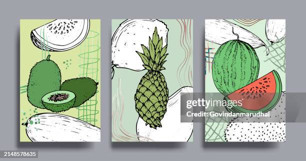 food, vegetables and fruits. vector illustrations: dishes, kiwi, broccoli, pumpkin, eggplant, avocado, pear, tomato, teapot, still life on the table, etc. drawings for poster, card or background - pineapple plant stock illustrations