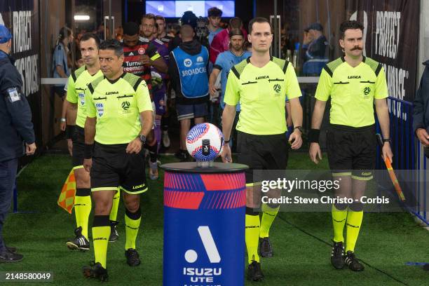 Referee Alireza Faghani walks to the field during the A-League Men round 24 match between Sydney FC and Western Sydney Wanderers at Allianz Stadium,...