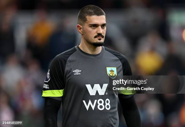 Arijanet Muric of Burnley during the Premier League match between Burnley FC and Brighton & Hove Albion at Turf Moor on April 13, 2024 in Burnley,...