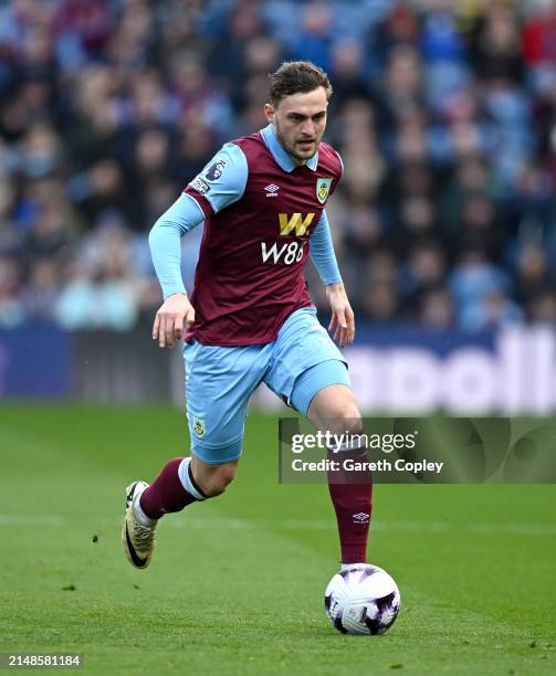 Jacob Bruun Larsen of Burnley during the Premier League match between Burnley FC and Brighton & Hove Albion at Turf Moor on April 13, 2024 in...