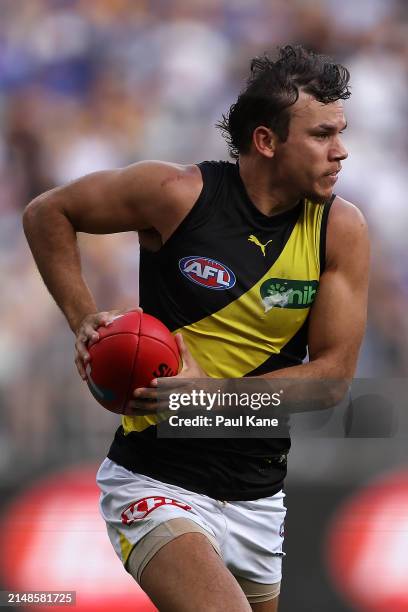 Daniel Rioli of the Tigers in action during the round five AFL match between West Coast Eagles and Richmond Tigers at Optus Stadium, on April 14 in...