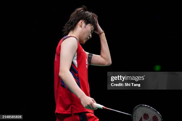 Chen Yufei of China reacts in the Women's Singles Final match against Wang Zhiyi of China during day six of the 2024 BAC Badminton Asia Championships...