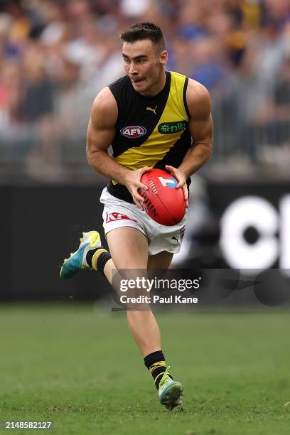 Seth Campbell of the Tigers in action during the round five AFL match between West Coast Eagles and Richmond Tigers at Optus Stadium, on April 14 in...