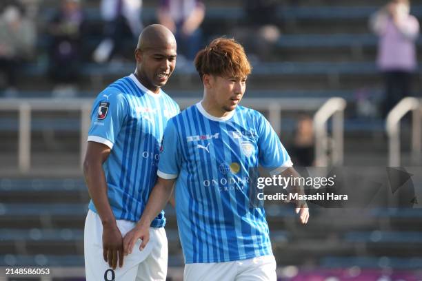 Akito Fukumori and Solomon Sakuragawa talk after the J.LEAGUE MEIJI YASUDA J2 10th Sec. Match between Yokohama FC and Fujieda MYFC at NHK Spring...