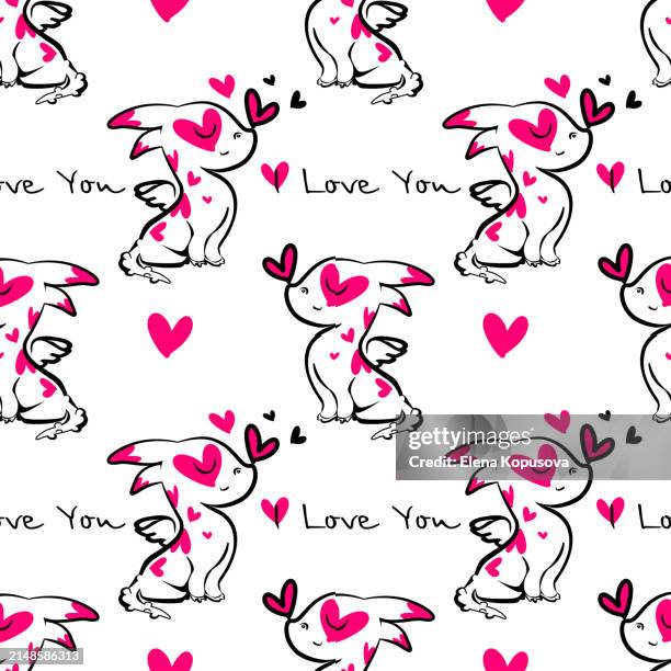 cartoon cute dragon with hearts on a white background. creative vector character seamless pattern. - dinosaur background stock illustrations
