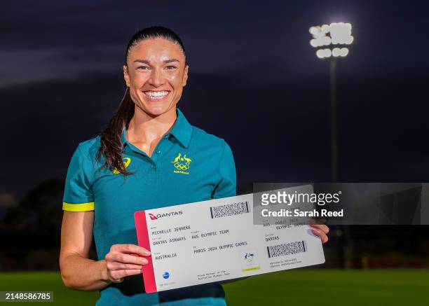 Michelle Jenneke during the Australian 2024 Paris Olympic Games Athletics Squad Announcement at SA Athletics Stadium on April 14, 2024 in Adelaide,...