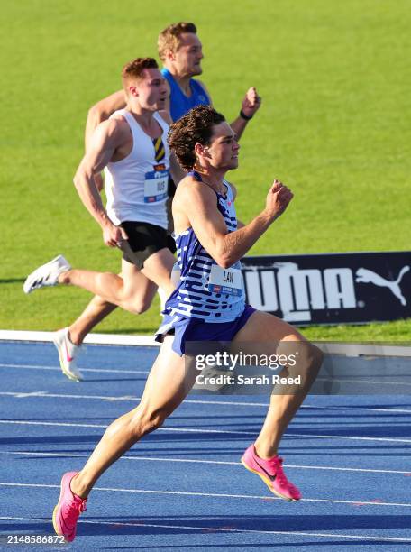 Caleb Law of QLD winning the Mens' 200m Final during the 2024 Australian Athletics Championships at SA Athletics Stadium on April 14, 2024 in...