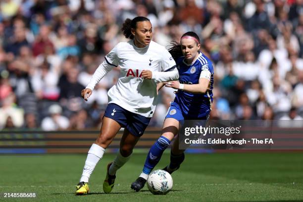 Drew Spence of Tottenham Hotspur battles for possession with Sam Tierney of Leicester City during the Adobe Women's FA Cup Semi Final between...