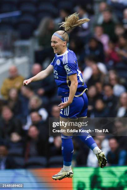 Jutta Rantala of Leicester City celebrates scoring her team's first goal during the Adobe Women's FA Cup Semi Final between Tottenham Hotspur and...