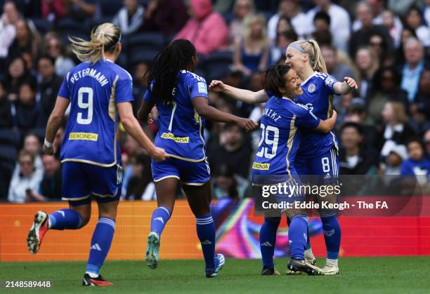 Jutta Rantala of Leicester City celebrates scoring her team's first goal with teammates during the Adobe Women's FA Cup Semi Final between Tottenham...