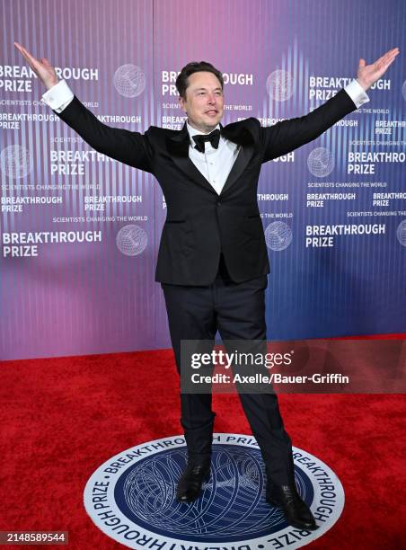 Elon Musk attends the 10th Annual Breakthrough Prize Ceremony at Academy Museum of Motion Pictures on April 13, 2024 in Los Angeles, California.