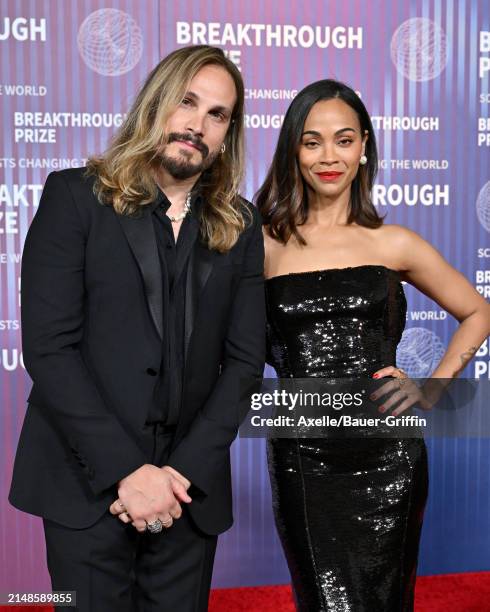 Marco Perego and Zoe Saldana attend the 10th Annual Breakthrough Prize Ceremony at Academy Museum of Motion Pictures on April 13, 2024 in Los...