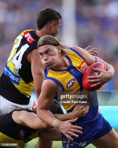 Harley Reid of the Eagles in action during the round five AFL match between West Coast Eagles and Richmond Tigers at Optus Stadium, on April 14 in...