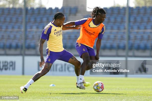 Eder Militao and Eduardo Camavinga players of Real Madrid are training at Valdebebas training ground on April 14, 2024 in Madrid, Spain.