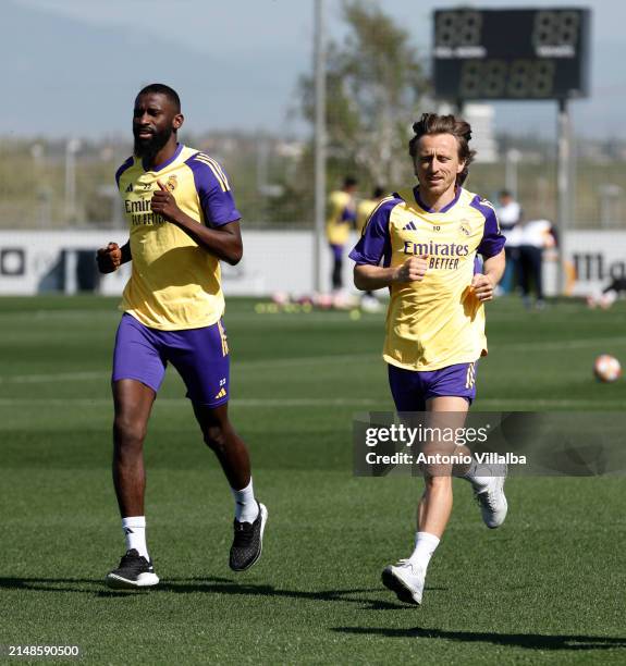 Antonio Rudiger and Luka Modric players of Real Madrid are training at Valdebebas training ground on April 14, 2024 in Madrid, Spain.