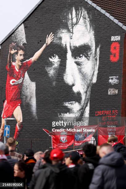 General view of a mural of former Liverpool player Ian Rush is seen prior to the Premier League match between Liverpool FC and Crystal Palace at...