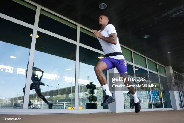 Eder Militao player of Real Madrid is training at Valdebebas training ground on April 14, 2024 in Madrid, Spain.