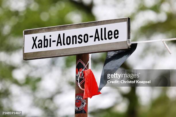Detailed view of a Xabi Alonso Allee road sign outside the stadium prior to the Bundesliga match between Bayer 04 Leverkusen and SV Werder Bremen at...