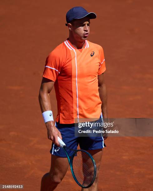 Duje Ajdukovic of Croatia looks on during his match against Oriol Roca Batalla of Spain during qualifying round of Barcelona Open Banc Sabadell 2024...