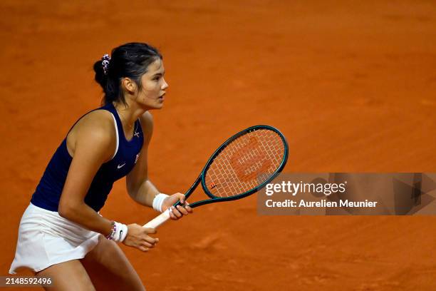 Emma Raducanu of Great Britain reacts in her match against Diane Parry of France during the Billie Jean King Cup Qualifier match between France and...