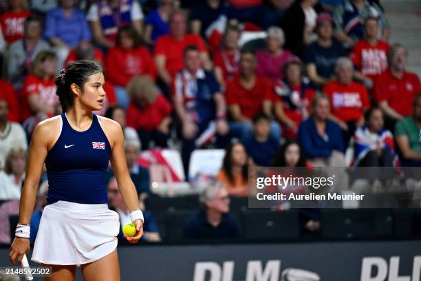 Emma Raducanu of Great Britain reacts in her match against Diane Parry of France during the Billie Jean King Cup Qualifier match between France and...