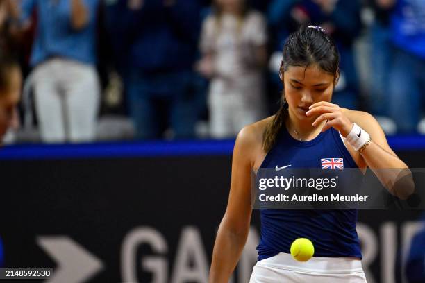 Emma Raducanu of Great Britain reacts in her match against Diane Parry of France during the Billie Jean King Cup Qualifier match between France and...